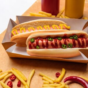 close-up shot of hot dogs with french fries on paper on white surface